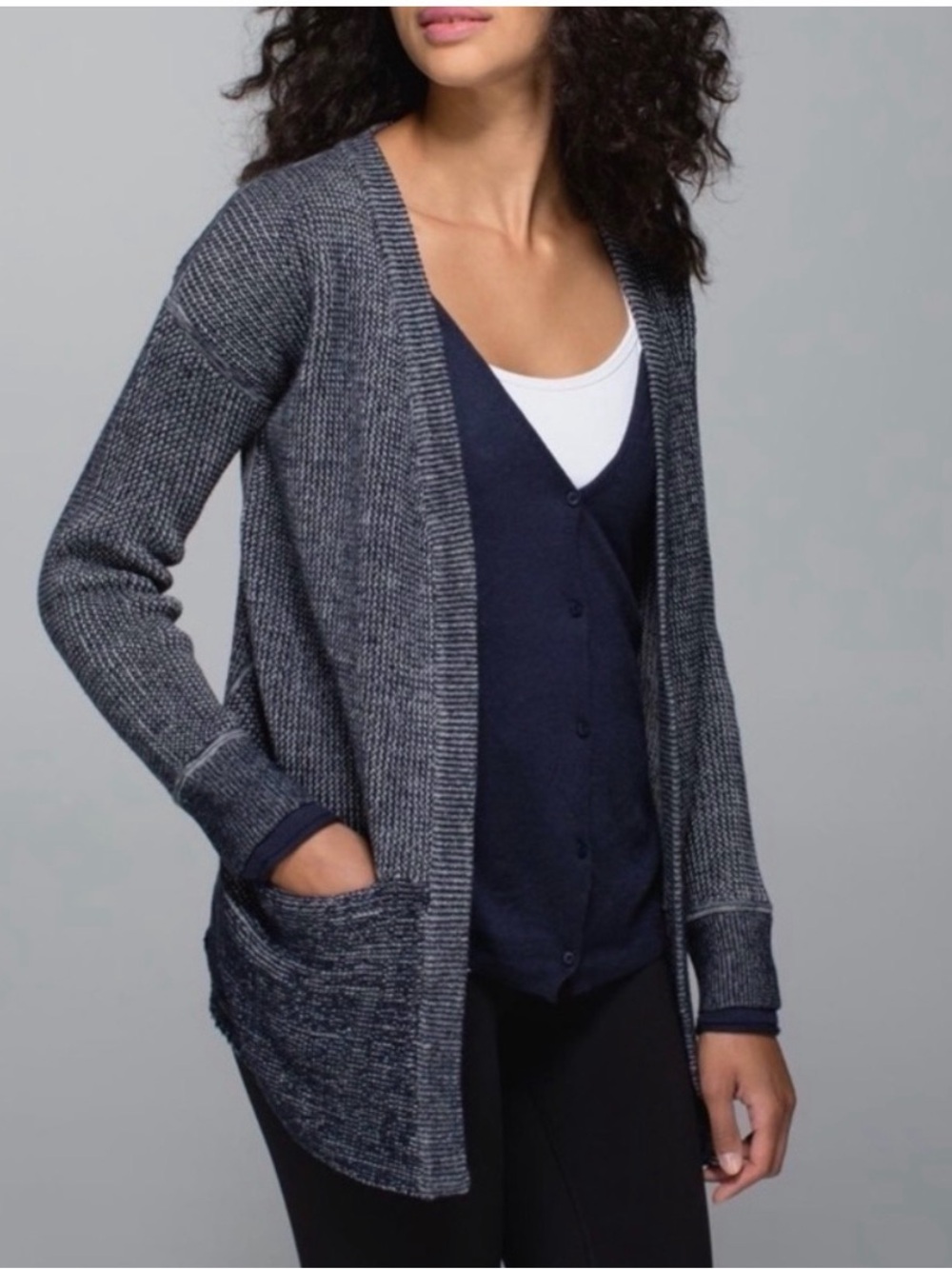 Lululemon Vestigan Open-Front chunky Knit Cardigan Sweater in Heathered Navy